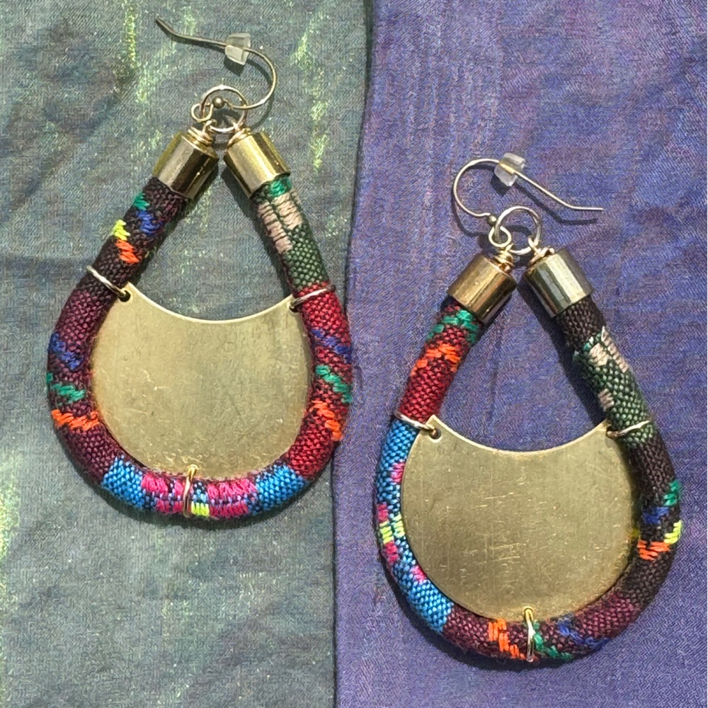 Multi-colored handmade woven gold plate earrings 3” x 1.75”